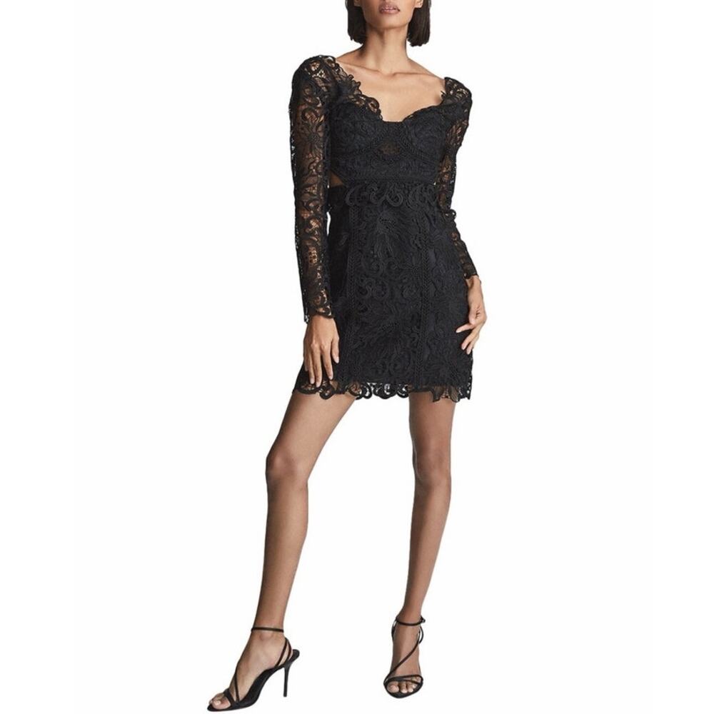 $470 NWT Reiss Erica Lace Bodycon Black Cocktail Mini Dress Sz 6